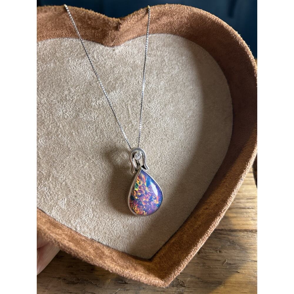 Vintage Sterling Silver 925 Modernist Teardrop Pendant - Multi-Color Inlay Stone